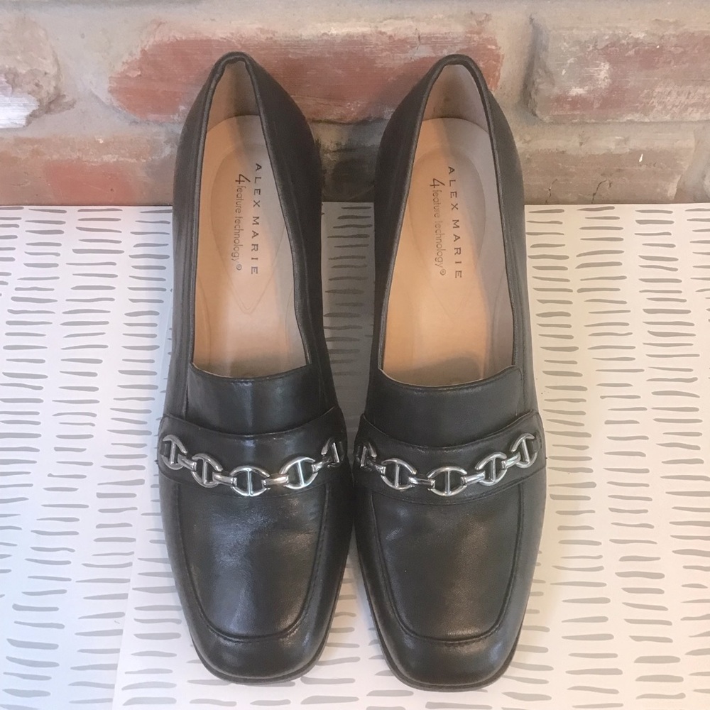 ALEX MARIE Women's FARIN Black Leather Chunky Stacked Heel Chain Loafer Pumps 9 - Picture 4 of 6